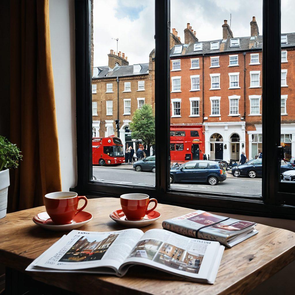A cozy, stylish London flat's interior, showcasing modern decor with hints of classic British architecture. In the foreground, an inviting cup of tea rests on a table beside a travel guide featuring local hotspots. In the background, large windows reveal a vibrant street filled with local businesses and people enjoying the London atmosphere. The scene should exude warmth and a sense of belonging, encouraging readers to explore the city like a local. super-realistic. vibrant colors. warm tones.