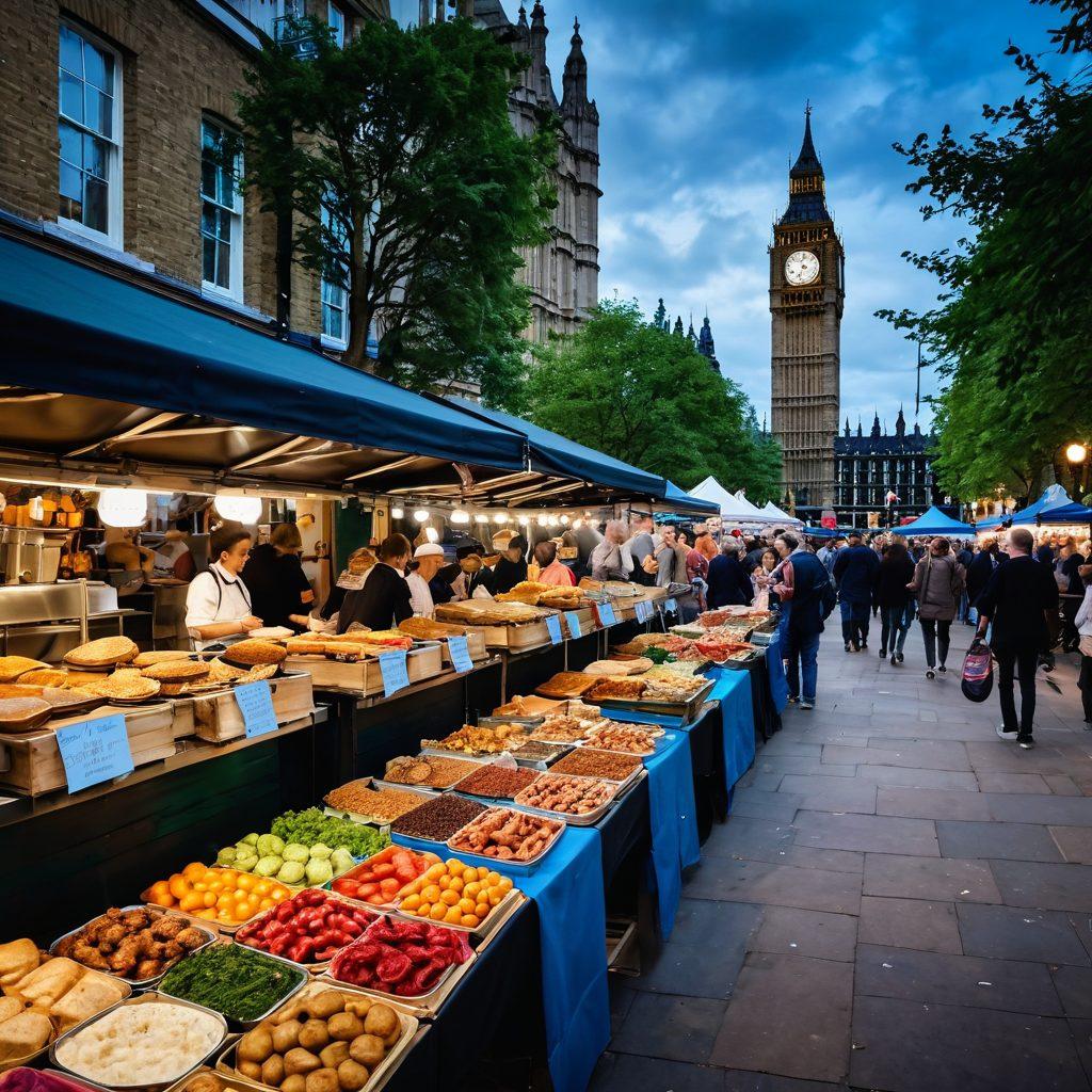 A vibrant street scene in London with a charming food market showcasing diverse culinary delights, surrounded by iconic landmarks like Big Ben and the London Eye. Locals and tourists are joyfully interacting, tasting street food, and exploring cultural art installations. Colorful food stalls offering an array of dishes, with hints of cultural elements like music and dance in the background. super-realistic. vibrant colors.