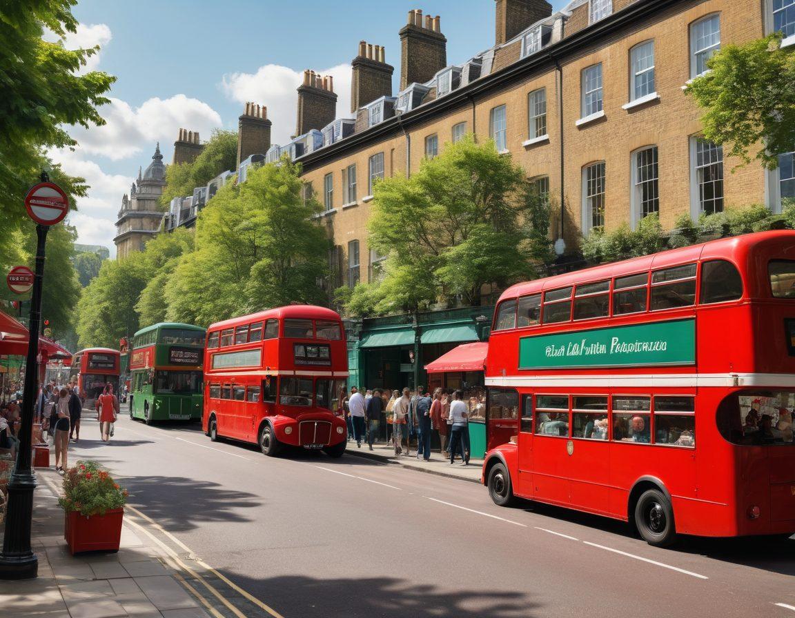 A bustling London street scene featuring a friendly local sharing hidden gems with a curious traveler, iconic red double-decker buses in the background, lush green parks and historic architecture, along with street food vendors and artists showcasing their work, creating a lively atmosphere. vibrant colors. super-realistic. dynamic composition.